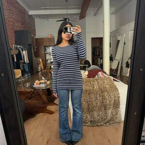 Navy White Striped Long Sleeve Top Fitted Stretch Minimalist